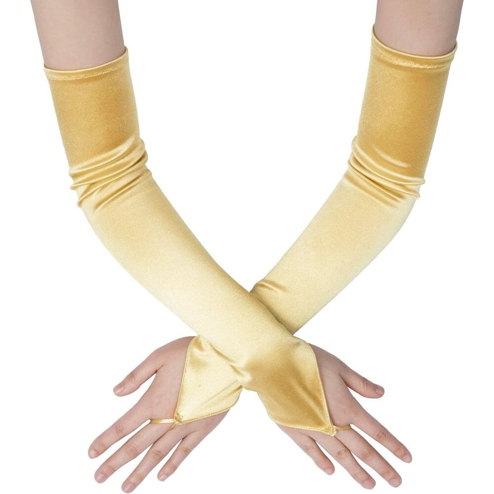 Women's Stretchy Gold Finger Loop Long Satin Fabric Gloves Opera Party Prom